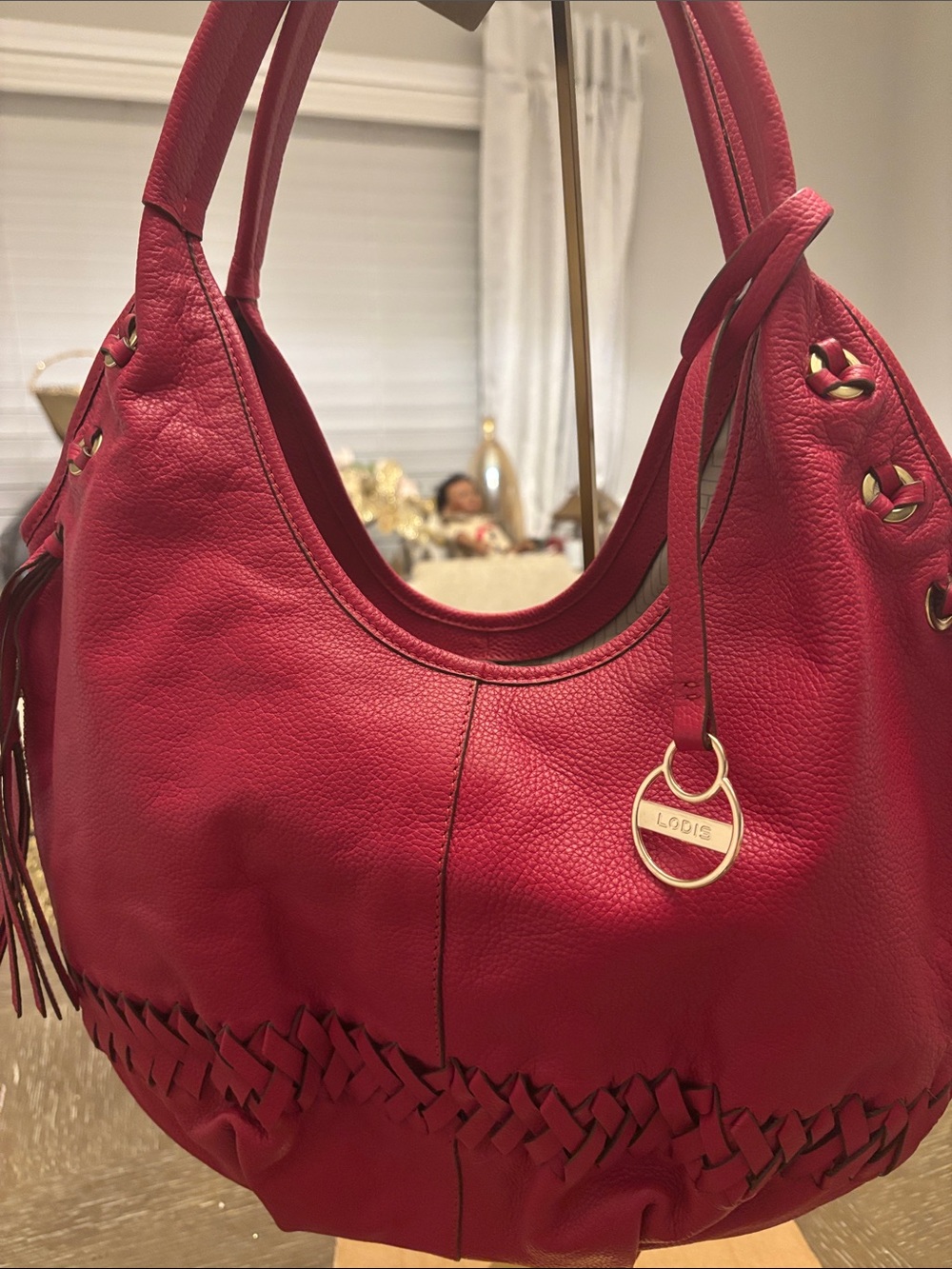Lodis Red Braided Leather Shoulder Bag